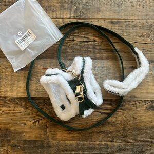 Extra Small Dog Harness Leash Set Fleece Vest PU Leather Green White Size XS
